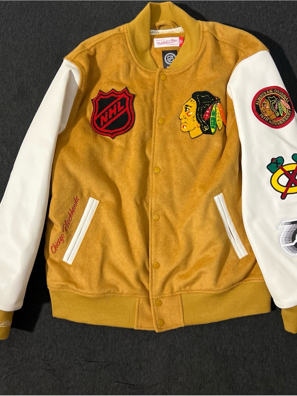 Mitchell & Ness Gold and White Chicago Blackhawks Varsity Jacket